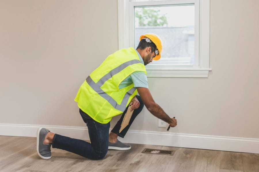 Man checking flooring in a house